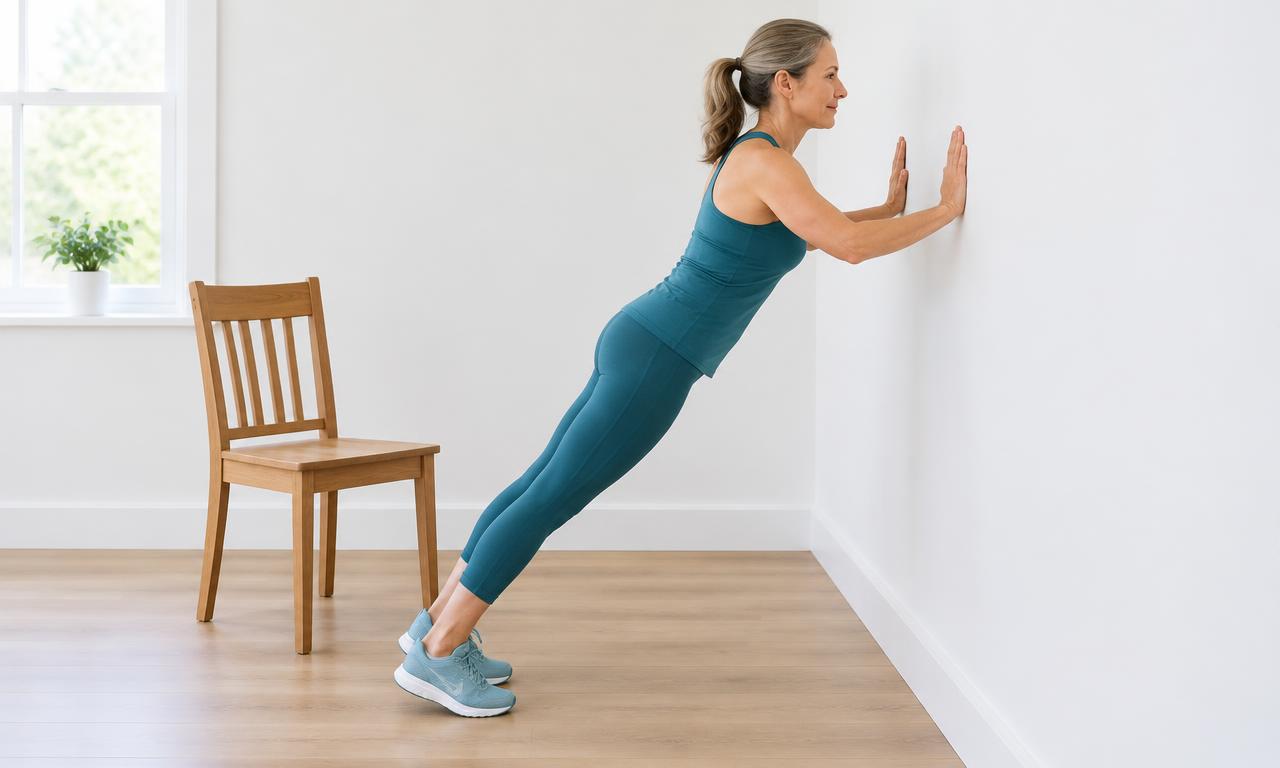 Woman performing a wall push-up beside a sturdy chair